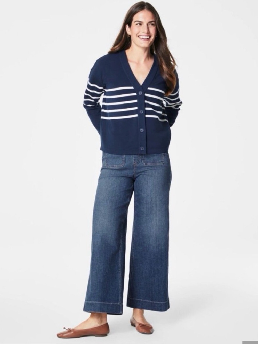 NEW 2X SPANX AirEssentials Blue Striped Button V-neck Cardigan